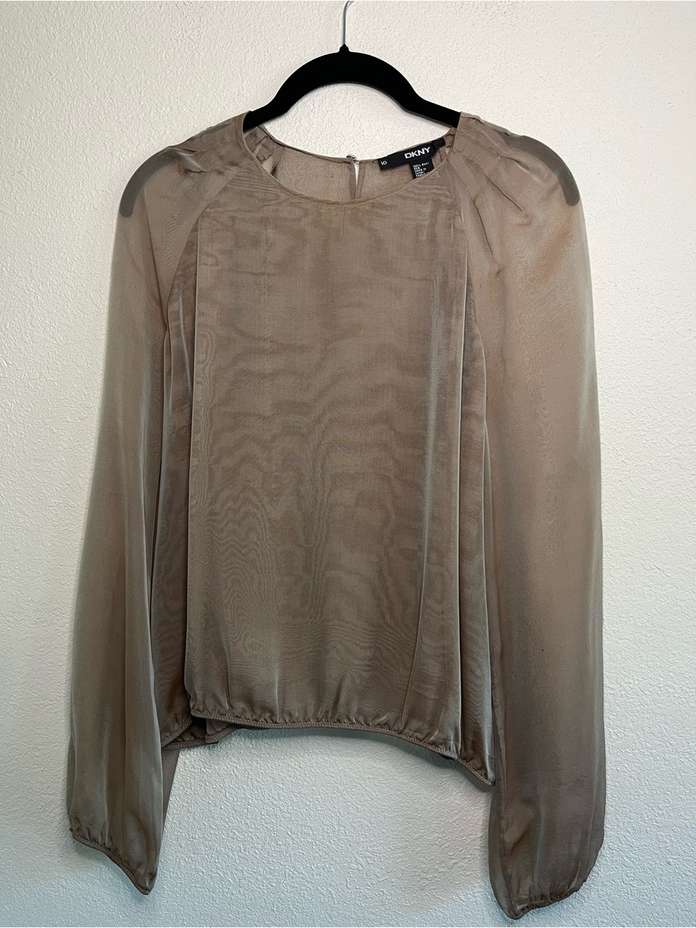 DKNY Elegant Sheer Taupe 100% Silk Long-Sleeve Pleated Blouse Size 10